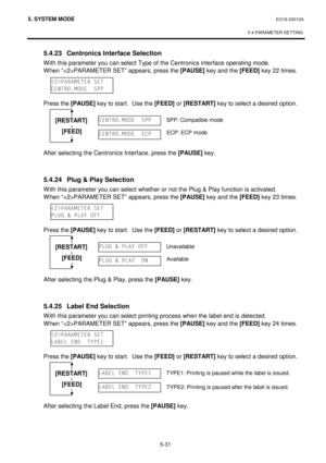 Page 2205. SYSTEM MODE  EO18-33012A 
 
5.4 PARAMETER SETTING
 
5-31 
 5.4.23  Centronics Interface Selection 
With this parameter you can select Type of the Centronics interface operating mode. 
When “PARAMETER SET” appears, press the [PAUSE]
 key and the [FEED]
 key 22 times. 
 
 
 
 Press the [PAUSE]
 key to start.  Use the [FEED]
 or [RESTART]
 key to select a desired option.
 
 
 
 
 
 
 After selecting the Centronics Interface, press the [PAUSE]
 key. 
 
 
 5.4.24  Plug & Play Selection 
With this parameter...