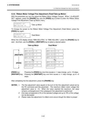 Page 2295. SYSTEM MODE  EO18-33012A 
 
5.5 PRINTER PARAMETER FINE ADJUSTMENT 
 
5-40 
 5.5.6  Ribbon Motor Voltage Fine Adjustment (Feed/Take-up Motor) 
With this parameter you can fine adjust the Ribbon Motor Voltage (Torque).  When “ADJUST 
SET” appears, press the [PAUSE]
 key and the [FEED]
 key 6 times to enter the Ribbon Motor 
Voltage Fine Adjustment (Take-up Motor) menu. 
 
 
 
To change the screen to the Ribbon Motor Voltage Fine Adjustment (Feed Motor), press the 
[FEED]
 key again.  
 
 
 
When the LCD...