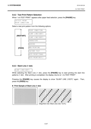 Page 2365. SYSTEM MODE  EO18-33012A 
 
5.6 TEST PRINT
 
5-47 
5.6.2  Test Print Pattern Selection 
 When “TEST PRINT” appears after paper feed selection, press the [PAUSE]
 key. 
 
 
 
 Select a test print pattern from the following options. 
 
 
 
 
 
 
 
 
 
 
 
 
 
 
 
 
 5.6.3  Slant Line (1 dot) 
 
 
 While selecting the Slant Line (1 dot), press the [PAUSE]
 key to start printing the slant line 
patterns (1 dot).  After printing is completed, the display returns to “TEST PRINT”. 
 
 Pressing the [PAUSE]...