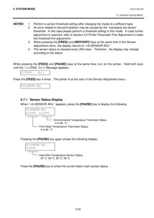 Page 2415. SYSTEM MODE  EO18-33012A 
 
5.7 SENSOR ADJUSTMENT
 
5-52 
NOTES: 1.  Perform a sensor threshold setting after changing the media to a different type. 
 
2.  An error related to the print position may be caused by the  improperly set sensor 
threshold.  In this case please perform a threshold setting in this mode.  In case further 
adjustment is required, refer to Section 5.5 Printer Parameter Fine Adjustment to make 
the threshold fine adjustment.
 
 
3.  When pressing the [FEED] and [RESTART] keys at...