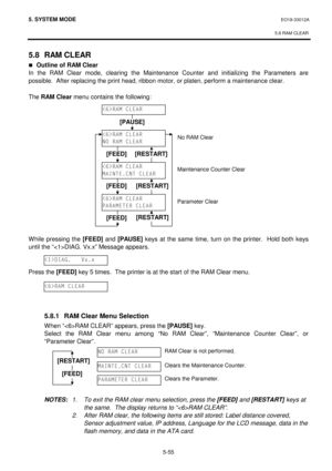 Page 2445. SYSTEM MODE  EO18-33012A 
 
5.8 RAM CLEAR
 
5-55 
5.8 RAM CLEAR 
„Outline of RAM Clear 
In the RAM Clear mode, clearing the Maintenance Counter and initializing the Parameters are 
possible.  After replacing the print head, ribbon motor, or platen, perform a maintenance clear. 
 
The RAM Clear
 menu contains the following: 
 
 
 
 
 
 
 
 
 
 
 
 
 
 
 
 
While pressing the [FEED]
 and [PAUSE]
 keys at the same time, turn on the printer.  Hold both keys 
until the “DIAG. Vx.x” Message appears....