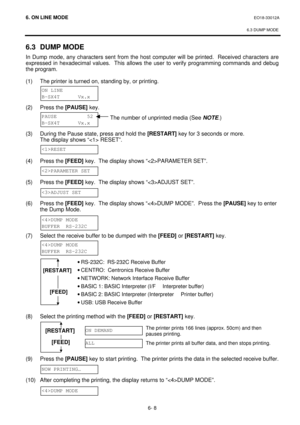 Page 2606. ON LINE MODE EO18-33012A 
 
6.3 DUMP MODE 
6- 8 6.3 DUMP MODE 
In Dump mode, any characters sent from the host computer will be printed.  Received characters are 
expressed in hexadecimal values.  This allows the user to verify programming commands and debug 
the program.   
 
(1) The printer is turned on, standing by, or printing. 
 
 
 
 
(2) Press the [PAUSE] key. 
 
 
 
 
(3) During the Pause state, press and hold the [RESTART] key for 3 seconds or more. 
The display shows “ RESET”. 
 
 
 
(4)...