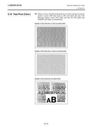 Page 272. PRINTER SETUP ENGLISH VERSION EO1-33034 
2.10 Test Print
 
E2-15 
2.10  Test Print (Cont.) 
 
 
 
 
 
 
 
 
 
 
 
 
 
 
 
 
 
 
 
 
 
 
 
 
 
 
 
 
 
 
 
 
 
 
 
 
 
 
 
 
 
 
 
 
 
 
 
 19.
  When you have finished performing the test print operation, turn the 
printer’s power OFF then back to ON and check that the LCD 
Message Display shows ON LINE and that the ON LINE and 
POWER LED lights are illuminated. 
Sample of the slant line (1 dot) test print label
 
 
 
 
 
 
 
 
 
Sample of the slant line...