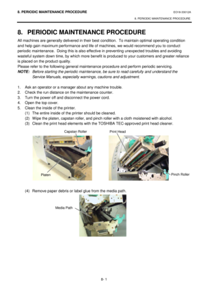 Page 2688. PERIODIC MAINTENANCE PROCEDURE EO18-33012A 
8. PERIODIC MAINTENANCE PROCEDURE 
 
8- 1 8. PERIODIC MAINTENANCE PROCEDURE 
All machines are generally delivered in their best condition.  To maintain optimal operating condition 
and help gain maximum performance and life of machines, we would recommend you to conduct 
periodic maintenance.  Doing this is also effective in preventing unexpected troubles and avoiding 
wasteful system down time, by which more benefit is produced to your customers and greater...