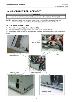 Page 27410. MAJOR UNIT REPLACEMENT EO18-33012A 
10.1 POWER SUPPLY UNIT 
 
10- 1 10. MAJOR UNIT REPLACEMENT 
 
 
 
NOTE: Be sure to disconnect all cables of the printer from the PC and the option devices. 
Never remove the screws fixing the printer block. (See Caution in Section 3.) 
 
10.1 POWER SUPPLY UNIT 
1) Remove the side panel (L). (Refer to Section 3.2.) 
2) Disconnect the power supply harness from CN19 on the Main PC board. 
3) Remove the SMW-3x6 and the two SMW-4x6 screws to detach the power supply unit...