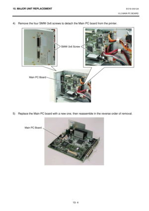 Page 27710. MAJOR UNIT REPLACEMENT EO18-33012A 
10.2 MAIN PC BOARD 
 
10- 4 4) Remove the four SMW-3x6 screws to detach the Main PC board from the printer. 
 
 
 
 
 
 
 
 
 
 
 
 
 
 
 
 
 
 
 
 
 
 
 
5) Replace the Main PC board with a new one, then reassemble in the reverse order of removal. 
 
 
 
 
 SMW-3x6 Screw 
Main PC Board    Main PC Board   