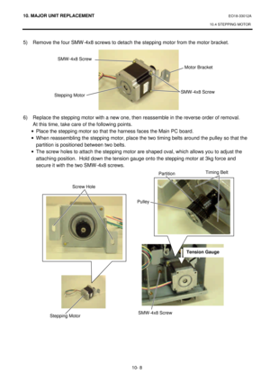 Page 28110. MAJOR UNIT REPLACEMENT EO18-33012A 
10.4 STEPPING MOTOR 
 
10- 8  5) Remove the four SMW-4x8 screws to detach the stepping motor from the motor bracket. 
 
 
 
 
 
 
 
 
 
 
6) Replace the stepping motor with a new one, then reassemble in the reverse order of removal.   
At this time, take care of the following points. 
· Place the stepping motor so that the harness faces the Main PC board. 
· When reassembling the stepping motor, place the two timing belts around the pulley so that the 
partition is...