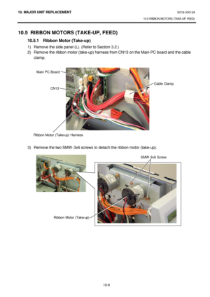 Page 28210. MAJOR UNIT REPLACEMENT EO18-33012A 
10.5 RIBBON MOTORS (TAKE-UP, FEED) 
 
10-9 10.5 RIBBON MOTORS (TAKE-UP, FEED) 
 10.5.1 Ribbon Motor (Take-up) 
1) Remove the side panel (L). (Refer to Section 3.2.) 
2) Remove the ribbon motor (take-up) harness from CN13 on the Main PC board and the cable 
clamp. 
 
 
 
 
 
 
 
 
 
 
 
 
 
 
 
 
3) Remove the two SMW-3x6 screws to detach the ribbon motor (take-up). 
 
 CN13 Main PC Board Cable Clamp 
Ribbon Motor (Take-up) Harness  SMW-3x6 Screw 
Ribbon Motor...