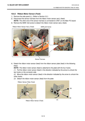 Page 28810. MAJOR UNIT REPLACEMENT EO18-33012A 
10.6 RIBBON MOTOR SENSORS (TAKE-UP, FEED) 
 
10-15  10.6.2 Ribbon Motor Sensor (Feed) 
1) Remove the side panel (L). (Refer to Section 3.2.) 
2) Disconnect the sensor harness from the ribbon motor sensor ass’y (feed). 
 NOTE: The other end of the sensor harness is connected to CN51 on the Main PC board. 
3) Remove the SMW-3x6 screw to detach the ribbon motor sensor ass’y (feed). 
 
 
 
 
 
 
 
 
 
 
 
 
 
 
 
 
 
4) Detach the ribbon motor sensor (feed) from the...