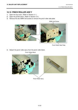 Page 29710. MAJOR UNIT REPLACEMENT EO18-33012A 
10.10 PINCH ROLLER ASS’Y 
 
10-24   10.10 PINCH ROLLER ASS’Y 
1) Open the top cover. (Refer to Section 3.1.) 
2) Open the printer block. (Refer to Section 3.3.) 
3) Remove the two SMW-3x6 screws to remove the pinch roller side plate. 
 
 
 
 
 
 
 
 
 
 
 
 
 
 
 
4) Detach the pinch roller ass’y from the pinch roller block. 
 
 
Pinch Roller Ass’y  Pinch Roller Block   Pinch Roller Side Plate  SMW-3x6 Screw  