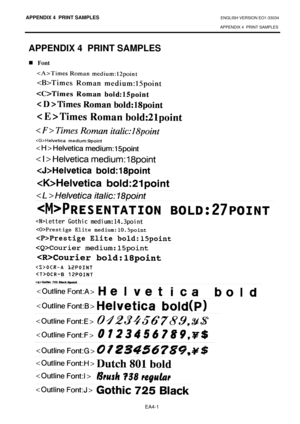 Page 47APPENDIX 4  PRINT SAMPLES ENGLISH VERSION EO1-33034 
APPENDIX 4  PRINT SAMPLES
 
EA4-1 
APPENDIX 4  PRINT SAMPLES 
„Font 
 
 
 
 
 
 
 
 
 
 
 
 
 
 
 
 
 
 
 
 
 
 
 
 
 
 
 
 
  