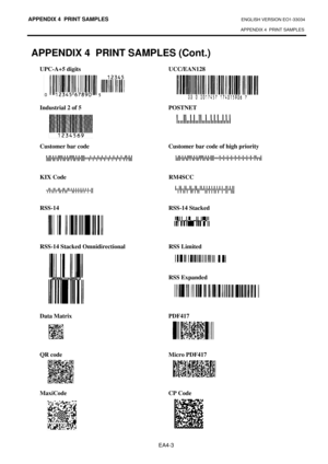 Page 49APPENDIX 4  PRINT SAMPLES ENGLISH VERSION EO1-33034 
APPENDIX 4  PRINT SAMPLES
 
EA4-3 
APPENDIX 4  PRINT SAMPLES (Cont.) 
UPC-A+5 digits  UCC/EAN128 
 
 
 
 
Industrial 2 of 5  POSTNET 
 
 
 
 
Customer bar code  Customer bar code of high priority 
 
 
 
KIX Code    RM4SCC   
 
 
 
RSS-14  RSS-14 Stacked 
 
 
 
 
RSS-14 Stacked Omnidirectional  RSS Limited 
 
 
 
  RSS Expanded 
 
 
 
 
Data Matrix   PDF417   
 
 
 
 
QR code  Micro PDF417 
 
 
 
 
MaxiCode  CP Code 
  
 
 
 
 
 
 
 
 
 
 
 
 
 
 
 
 
 
  