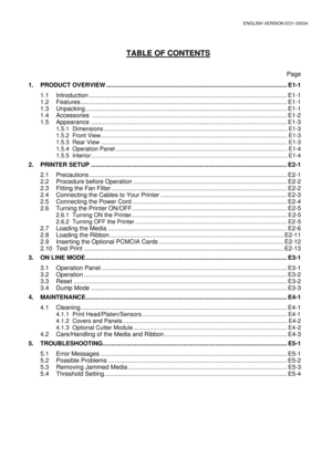 Page 7ENGLISH VERSION EO1-33034 
TABLE OF CONTENTS 
 
 Page 
1. PRODUCT OVERVIEW .......................................................................................................... E1-1 
 1.1 Introduction .................................................................................................................... E1-1 
 1.2 Features......................................................................................................................... E1-1 
 1.3 Unpacking...