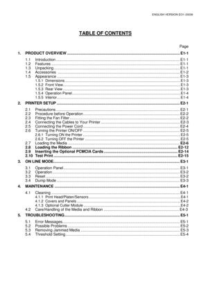 Page 63ENGLISH VERSION EO1-33036 
TABLE OF CONTENTS 
 
 Page 
1. PRODUCT OVERVIEW ........................................................................................................ E1-1 
 1.1 Introduction .................................................................................................................. E1-1 
 1.2 Features ...................................................................................................................... E1-1 
 1.3 Unpacking...