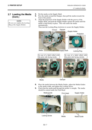 Page 752. PRINTER SETUP ENGLISH VERSION EO1-33036 
2.7 Loading the Media
 
E2- 7 
 
 
2.7  Loading the Media 
(Cont.) 
 
 
 
 
 
 
 
 
 
 
 
 
 
 
 5.
  Put the media on the Supply Shaft. 
6.
  Pass the media around the Damper, then pull the media towards the 
front of the printer.  
7.
  Align the projection of the Supply Holder with the groove of the 
Supply Shaft, and push the Supply Holder against the media until the 
media is held firmly in place.  This will centre the media 
automatically. 
Then turn the...