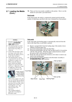 Page 772. PRINTER SETUP ENGLISH VERSION EO1-33036 
2.7 Loading the Media
 
E2- 9 
2.7  Loading the Media 
(Cont.) 
 12.
  There are four issue modes available on this printer.  How to set the  
  media for each mode is provided below.  
 
Batch mode
 
In the batch mode, the media is continuously printed and fed until the 
number of labels/tags specified in the issue command have been printed.  
 
 
 
 
 
 
 
 
 
 
 
 
 
Strip mode
 
In the strip mode, the backing paper is automatically removed from the 
label...