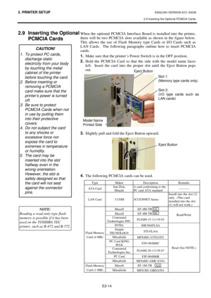 Page 822. PRINTER SETUP ENGLISH VERSION EO1-33036 
2.9 Inserting the Optional PCMCIA Cards
 
E2-14 
2.9  Inserting the Optional 
PCMCIA Cards 
 
 
 
 
 
 
 
 
 
 
 
 
 
 
 
 
 
 
 
 
 
 
 
 
 
 
 
 
 
 
  
When the optional PCMCIA Interface Board is installed into the printer, 
there will be two PCMCIA slots available as shown in the figure below.  
This allows the use of Flash Memory type Cards or I/O Cards such as 
LAN Cards.  The following paragraphs outline how to insert PCMCIA 
cards. 
1.
  Make sure that...