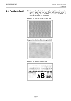 Page 852. PRINTER SETUP ENGLISH VERSION EO1-33036 
2.10 Test Print
 
E2-17 
2.10  Test Print (Cont.) 
 
 
 
 
 
 
 
 
 
 
 
 
 
 
 
 
 
 
 
 
 
 
 
 
 
 
 
 
 
 
 
 
 
 
 
 
 
 
 
 
 
 
 
 
 
 
 
 19.
  When you have finished performing the test print operation, turn the 
printer’s power OFF then back to ON and check that the LCD 
Message Display shows ON LINE and that the ON LINE and 
POWER LED lights are illuminated. 
Sample of the slant line (1 dot) test print label
 
 
 
 
 
 
 
 
 
Sample of the slant line...