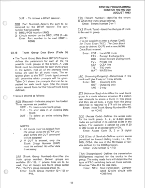 Page 179OUT - To remove a DTM F receiver. 
POR (Port Number)-Selects the port to be 
occupied by the DTMF receiver. The port 
number has two parts: 
‘I) DRCU PCB location (ROO) 
2) Circuit number on the DRCU PCB (l&6) 
Enter: Port number to be used (ROOlk 
R006) 
Trunk Grou ata 
The Trunk Group Data Block (DTGP) Program 
defines the parameters for each of the 16 
possibie trunk groups in the system. A Data 
Block must be completed for each trunk group 
in the system. Not all of the prompts listed 
below are used...