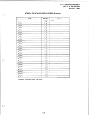 Page 221Feature ITEM PROMPT ENTRY* 
REQ CHG 
FTR 
Feature FTR 1 
I 
Feature 
Feature 
Feature 
Feature 
Feature FTR 1 
I 
FTR 
FTR 
FTR 
FTR 
Feature 
Feature 
Feature 
Feature 
Feature 
Feature 
Feature 
Feature 
Feature 
Feature 
Feature FTR 1 
FTR 1 
FTR 1 
I 
FTR 
FTR 
FTR 
FTR 1 
I 
FTR 
FTR 
FTR 
FTR 
1 Feature 
I FTR t 
Feature 
Feature FTR 
FTR 
FTR 
Feature 
Feature 
Feature 
Feature FTR 
FTR 
FTR 
FTR 
Feature FTR 1 
Feature 
Feature 
Feature FTR 
FTR 
FTR 
*Enter name and access code in this column.  