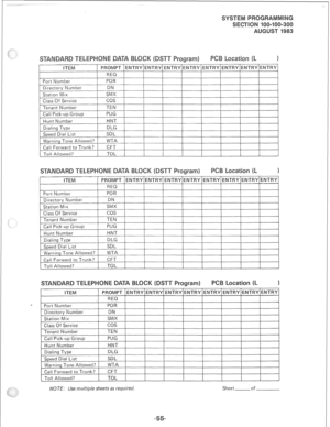 Page 223Port Number POR 
Directory Number DN 
Statton Mix SMX 
Class Of Service , cos , , t > r 
I Tenant Number 1 TEN t 
Call Pick-up Group PUG 
Hunt Number HNT 
Dialing Type DLG 
Speed Dial List 
Warning Tone Allowed? 
Call Forward to Trunk? 
Toll Allowed? SDL 
WTA 
CFT 
TOL 
1 1 
!TEM PROMPT ENTRY ENTRY ENTRY ENTRY ENTRY ENTRY ENTRY ENTRY 
REQ 
Port Number POF? 
Directory Number DN 
Station Mix SMX 
Class Of Service cos 
Tenant Number TEN 
Call Pick-up Group PUG 
Hunt Number HNT 
Dialing Type DLG 
Speed Dial...