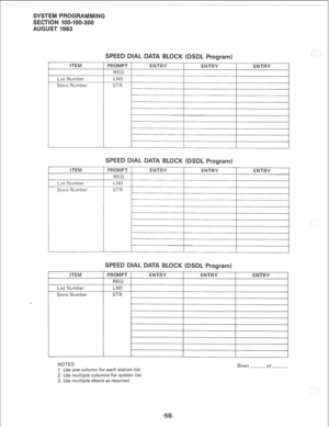 Page 226PROMPT 1 
REQ 1 
ENTRY 
ENTRY ENTRY 
I  ITEM 
List Number 
Store Number LNO 
STR 
PROMPT 1 
REQ 1 
ENTRY ENTRY 
ENTRY 
I 
ITEM 
List Number LNO 
Store Number STR 
PROMPT 1 
REQ 1 
ENTRY 
ENTRY ENTRY 
I 
ITEM 
List Number 
Store Number LNO 
STR 
NOTES: 
I. Use one column for each station list. 
2. Use multiple columns ‘for system list. 
3. Use multiple sheets as required. Sheet 
of  