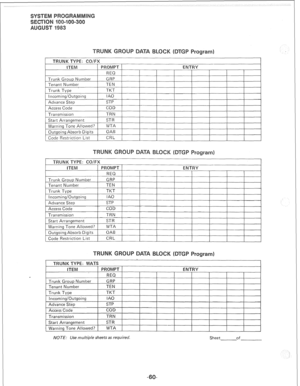 Page 228TRUNK TYPE: CO/FX 
ITEM PROMPT ENTRY 
REQ 
Trunk Gt-oup Number GRP 
Tenant Number TEN 
Trunk Type TKI- 
Incoming/Outgoing IA0 
Advance Step STP 
Access Code COD 
Transmission TRN 
Start Arrangement STR 
Warning Tone Al!owed? WTA 
Outgoing Absorb Digits OAB 
Code Restriction List CRL 
TRUNK TYPE: CO/FX 
ITEM 1 PROMPT 1 ENTRY 
RCn 1 I I I I I I 
I 
Trunk Type 
lnrnrninfl/~~~tooino ..--...... ~, 
---a-.. 
Advance Step 
I Access Code 
a 8 us.-- 
GRP 
TEN 
TKT 
IA0 
STP 
COD 
TRN 
STR 
WTA 
OAB 
CRL  Start...