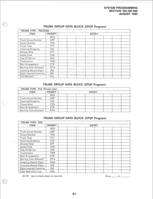 Page 229i TRUNK TYPE: TlE/CCSA I 
ITEM PROMPT ENTRY 
REQ 
Trunk Group Number GRP 
Tenant Number TEN 
Trunk Type TKT 
Incoming/Outgoing IA0 
Advance Step STP 
Access Code COD 
Class Of Service cos 
Transmission TRN 
Start Arrangement STR 
Warning Tone Allowed? WTA 
incoming Absorb Digits IAB 
Digits Inserted Incoming INS 
Toll Allowed? TOL 
TRUNK TYPE: PVL (Private Line) 
ITEM 1 PROMPT 1 ENTRY 
Trunk Group Number 
Incoming/Outgoing 
Transmission 
Start Arrangement 
Warning Tone Allowed? REQ 
GRP 
IA0 
TRN 
STR...