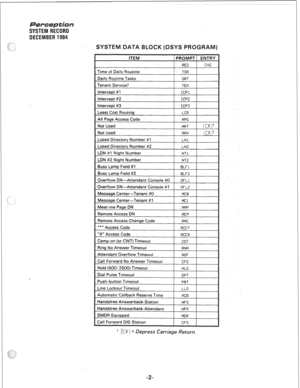 Page 316LDN #I Night Number NT1 
LDN #2 Night Number NT2 
Busy Lamp Field #1 BLfl 
Busy Lamp Field #2 
8LF2 
Overflow DN-Attendant Console ##O 
ClFLl 
Overflow DN-Attendant Console #I 
OFL2 
Message Center-Tenant #O 
MC0 
Message Center-Tenant #l 
flC1 
Meet-me Page DN NNP 
Remote Access DN 
REtI 
Remote Access Change Code 
RW 
‘I*” Access Code 
FCC* 
“#“ Access Code 
FCC~ 
Camp-on (or CWT) Timeout 
COT 
Ring No Answer Timeout 
RN$ 
Attendant Overflow Timeout 
flOF 
Call Forward No Answer Timeout 
CFD 
Hold...