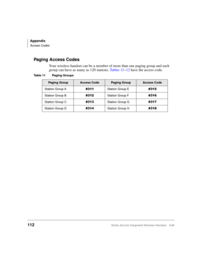 Page 124Appendix
Access Codes
112Strata AirLink Integrated Wireless Handset 5/99
Paging Access Codes
Your wireless handset can be a member of more than one paging group and each 
group can have as many as 120 stations. Ta b l e s  11~12 have the access code. 
Table 11 Paging Groups
Paging GroupAccess CodePaging GroupAccess Code
Station Group A&644
Station Group E&648
Station Group B&645
Station Group F&649
Station Group C&646
Station Group G&64:
Station Group D&647
Station Group H&64; 