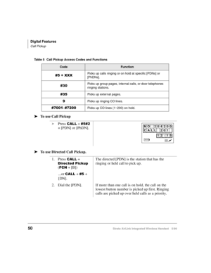 Page 62Digital Features
Call Pickup
50Strata AirLink Integrated Wireless Handset 5/99
ä
ää ä
To use Call Pickup
ä
ää ä
To use Directed Call Pickup.
Table 5 Call Pickup Access Codes and Functions
CodeFunction
&8#.#;;;Picks up calls ringing or on hold at specific [PDNs] or 
[PhDNs].
&63Picks up group pages, internal calls, or door telephones 
ringing stations.
&68Picks up external pages.
