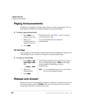 Page 74Digital Features
Paging Announcements
62Strata AirLink Integrated Wireless Handset 5/99
Paging Announcements
Telephones are assigned to specific page groups in system programming. You can 
page Digital and Electronic telephone speakers and external speakers.
ä
ää ä
To make a page announcement
All Call Page
You can make an All Call Page to Digital and Electronic telephones assigned to the 
“All Call Page Group.” Stations are assigned in system programming.
ä
ää ä
To make an All Call Page
Release and...