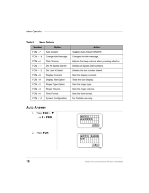 Page 24Menu Operation ————————————————————————————————————
16Strata AirLink External Wireless Handset
Auto Answer
Table 5 Menu Options
NumberOptionAction
FCN + 7 Auto Answer Toggles Auto Answer ON/OFF.
FCN + 13 Change Idle Message Changes the idle message.
FCN + 4 Click Volume Adjusts the beep volume when pressing a button.
FCN + 11 Del All Speed Dial #s Deletes all Speed Dial numbers.
FCN + 12 Del Last # Dialed Deletes the last number dialed.
FCN + 8 Display Contrast Sets the display contrast.
FCN + 9 Display...