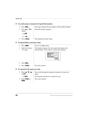 Page 34Speed Dial ——————————————————————————————————————
26Strata AirLink External Wireless Handset
ä
To scroll memory locations for Speed Dial numbers
ä
To Speed Dial by entering a name
ä
To search for the name you want1. Press 
5&/. The name and the first nine digits of the number displays.
2. Press s
 or t 
to 
search
...or 
É
 ...or 

È.Each SD number displays.
3. Press 
&$//. The displayed number rings.
1. Press 
$%&. You are in alpha mode.
2. Enter first letters 
of a name.The handset displays the first...