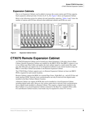 Page 23Strata CTX670 Overview
CTX670 Remote Expansion Cabinet
Strata CTX General Description    06/039
Expansion Cabinets
One to six Expansion Cabinets can be added to increase the system station and CO line capacity. 
Each expansion cabinet provides 10 slots (S_01~S_10). Figure 5 shows an Expansion Cabinet.
Refer to the following section for cabinet slot and station/line capacities. Ta b l e s  4 and 5 show the 
number of stations and CO lines allowed when additional cabinets and PCBs are used.
CTX670 Remote...