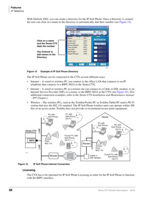 Page 82Features
IP Telephony
68Strata CTX General Description    06/03
With Outlook 2002, you can create a directory for the IP Soft Phone. Once a directory is created, 
the user can click on a name in the directory to automatically dial their number (see Figure 15).
Figure 15 Example of IP Soft Phone Directory
The IP Soft Phone can be connected to the CTX several different ways:
 Intranet – A wired or wireless PC can connect to the office LAN that connects to an IP 
telephone that connects to a BIPU-M2A in...