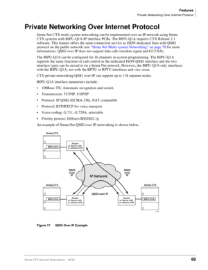 Page 83Features
Private Networking Over Internet Protocol
Strata CTX General Description    06/0369
Private Networking Over Internet Protocol
Strata Net CTX multi-system networking can be implemented over an IP network using Strata 
CTX systems with BIPU-Q1A IP interface PCBs. The BIPU-Q1A requires CTX Release 2.1 
software. This feature offers the same connection service as ISDN dedicated lines with QSIG 
protocol on the public network (see “Strata Net Multi-system Networking” on page 78 for more...