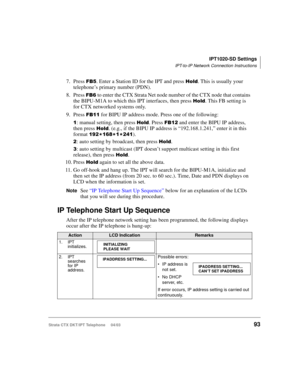 Page 107IPT1020-SD Settings
IPT-to-IP Network Connection Instructions
Strata CTX DKT/IPT Telephone     04/0393
7. Press . Enter a Station ID for the IPT and press #
. This is usually your 
telephone’s primary number (PDN).
8. Press 
 to enter the CTX Strata Net node number of the CTX node that contains 
the BIPU-M1A to which this IPT interfaces, then press 
#
. This FB setting is 
for CTX networked systems only.
9. Press 
 for BIPU IP address mode. Press one of the following:
: manual setting, then...