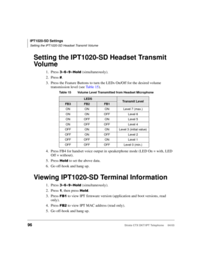 Page 110IPT1020-SD Settings
Setting the IPT1020-SD Headset Transmit Volume
96Strata CTX DKT/IPT Telephone     04/03
Setting the IPT1020-SD Headset Transmit 
Vo l u m e
1. Press ++++
 (simultaneously).
2. Press 
.
3. Press the Feature Buttons to turn the LEDs On/Off for the desired volume 
transmission level (see Ta b l e  1 5).
4. Press FB4 for handset voice output in speakerphone mode (LED On = with, LED 
Off = without).
5. Press 
#
 to set the above data.
6. Go off-hook and hang up. 
Viewing IPT1020-SD...