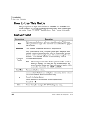 Page 12Introduction
How to Use This Guide
viiiStrata CTX DKT/IPT Telephone     04/03
How to Use This Guide
This guide provides in-depth instructions for the DKT3000- and DKT2000-series 
digital telephones, IPT1020-SD telephones and their features. Most telephone users 
can use the “Strata CTX DKT/IPT Quick Reference Guide” instead of this guide.
Conventions
ConventionsDescription
Note
Elaborates specific items or references other information. Within some 
tables, general notes apply to the entire table and...