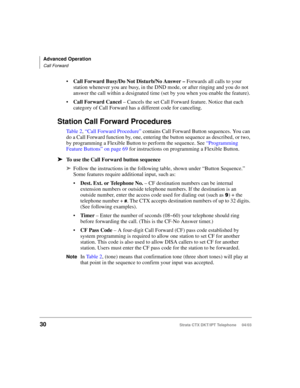 Page 44Advanced Operation
Call Forward
30Strata CTX DKT/IPT Telephone     04/03
Call Forward Busy/Do Not Disturb/No Answer – Forwards all calls to your 
station whenever you are busy, in the DND mode, or after ringing and you do not 
answer the call within a designated time (set by you when you enable the feature).
Call Forward Cancel – Cancels the set Call Forward feature. Notice that each 
category of Call Forward has a different code for canceling.
Station Call Forward Procedures
Ta b l e  2, “Call Forward...