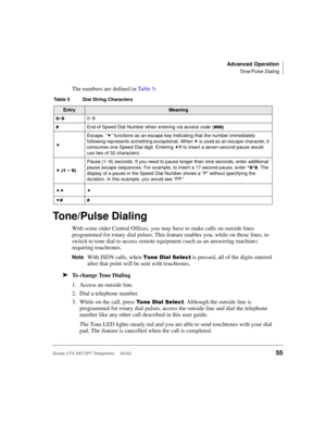Page 69Advanced Operation
Tone/Pulse Dialing
Strata CTX DKT/IPT Telephone     04/0355
The numbers are defined in Ta b l e  5:
Tone/Pulse Dialing
With some older Central Offices, you may have to make calls on outside lines 
programmed for rotary dial pulses. This feature enables you, while on these lines, to 
switch to tone dial to access remote equipment (such as an answering machine) 
requiring touchtones.
NoteWith ISDN calls, when /


 is pressed, all of the digits entered 
after that point will be...