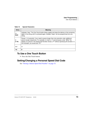 Page 87User Programming
One Touch Buttons
Strata CTX DKT/IPT Telephone     04/0373
To Use a One Touch Button
➤Press the One Touch button.
Setting/Changing a Personal Speed Dial Code
See “Storing a Station Speed Dial Number” on page 53.
Table 10 Special Characters 
EntryMeaning
+ 
+ROG
Indicates “stop.” The One Touch button blinks rapidly and stops the delivery of the remaining 
digits in the string until it is pressed again. Multiple “stops” can be programmed into one 
string.

a
Pause (1~9) seconds. If...