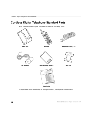 Page 20Cordless Digital Telephone Standard Parts––––––––––––––––––––––––––––––––––––––––––––––––––––––––––
14Strata DK Cordless Digital Telephone 5/99
Cordless Digital Telephone Standard Parts
Your Toshiba cordless digital telephone includes the following items:
If any of these items are missing or damaged, contact your System Administrator. 
CHARGEBATTCHARGEPOWER
HOLDPAGE/FIND
1173
2583 