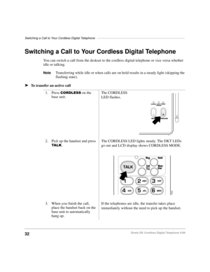 Page 38Switching a Call to Your Cordless Digital Telephone–––––––––––––––––––––––––––––––––––––––––––––––––––
32Strata DK Cordless Digital Telephone 5/99
Switching a Call to Your Cordless Digital Telephone
You can switch a call from the deskset to the cordless digital telephone or vice versa whether 
idle or talking.
NoteTransferring while idle or when calls are on hold results in a steady light (skipping the 
flashing state).
äTo transfer an active call 
1. Press 
&25/(66 on the 
base unit.The CORDLESS 
LED...