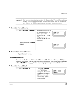 Page 63––––––––––––––––––––––––––––––––––––––––––––––––––––––––––––––––––––––––––––––––––Call Forward
Features57
Important!Only perform the following procedure the first time Call Forward External is set 
or when you change the destination. It is not necessary to store the destination 
each time you set Call Forward External; it remains in system memory.
äTo set Call Forward-External
äTo cancel Call Forward-External
äRepeat the previous step.
Call Forward-Fixed
If you activate this feature, all internal and...