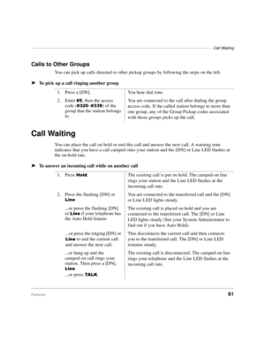 Page 67–––––––––––––––––––––––––––––––––––––––––––––––––––––––––––––––––––––––––––––––––––Call Waiting
Features61
Calls to Other Groups
You can pick up calls directed to other pickup groups by following the steps on the left.
äTo pick up a call ringing another group
Call Waiting
You can place the call on hold or end this call and answer the next call. A warning tone 
indicates that you have a call camped onto your station and the [DN] or Line LED flashes at 
the on-hold rate.
äTo answer an incoming call while...