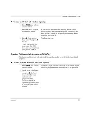 Page 77––––––––––––––––––––––––––––––––––––––––––––––––––––––––––––––––––––Off-hook Call Announce (OCA)
Features71 ä
To make an HS-OCA call with Tone Signaling
Speaker Off-hook Call Announce (SP-OCA)
This feature enables you to call and speak through the speaker of an off-hook, busy digital 
telephone. 
äTo make an SP-OCA call with Voice First Signaling1. Press 
7$ / . and call the 
desired station.
2. Press 
 or  to speak 
to the called station.If you receive busy tone after pressing , the called...