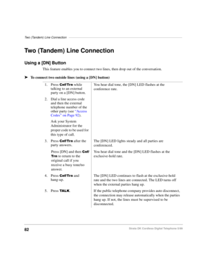 Page 88Two (Tandem) Line Connection–––––––––––––––––––––––––––––––––––––––––––––––––––––––––––––––––––
82Strata DK Cordless Digital Telephone 5/99
Two (Tandem) Line Connection
Using a [DN] Button
This feature enables you to connect two lines, then drop out of the conversation.
äTo connect two outside lines (using a [DN] button)
1. Press 
&QI7U Q while 
talking to an external 
party on a [DN] button.You hear dial tone, the [DN] LED flashes at the 
conference rate.
2. Dial a line access code 
and then the...