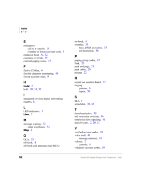 Page 60Index
E ~ V
52Strata DK Digital Single Line Telephone 5/99
E
emergency
call to a console,
14
override of forced account code,9
exclusive hold,31, 32
executive override,35
external paging zones,47
F
flash a CO line,6
flexible directory numbering,49
forced account codes,9
H
+ROG,2
hold,20, 31, 32
I
integrated services digital networking 
(ISDN),
8
L
LED indicators,3
/LQH,2
M
message waiting,32
other telephones,34
0VJ,2
O
OCA,35
off-hook,4
off-hook call announce (see OCA)on-hook,
4
override,35
busy, DND,...